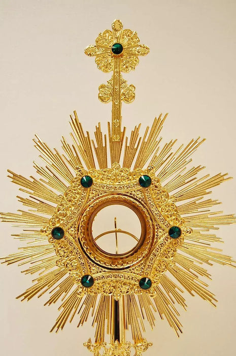 Gold Plated Monstrance with Glass Enclosed Luna - Green Stones