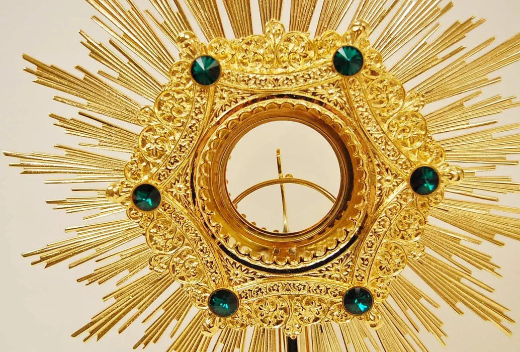 Gold Plated Monstrance with Glass Enclosed Luna - Green Stones