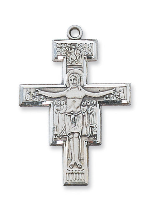 Crucifix Sterling Silver San Damiano w/ 20" Rhodium Plated Chain