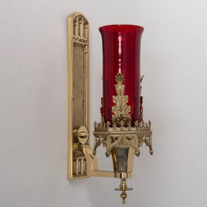 17.5" Gothic Style Wall Mounted Solid Brass Sanctuary Lamp Gothic Style Wall Mounted Church Sanctuary Light in Solid Brass Wall Mount Sanctuary Lamp- Red Globe