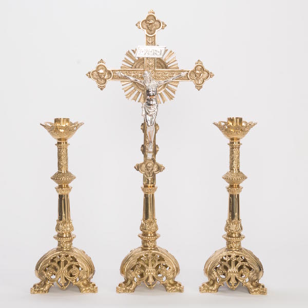 Baroque Style Solid Brass 30" Crucifix and 17" Candlesticks Altar Set