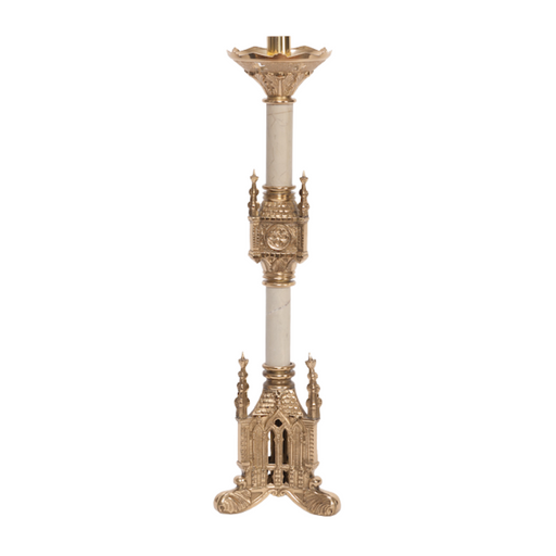 19" Large Altar Size Brass Candlestick With Marble Stems Polished Brass and Lacquered Gothic Candlestick w/ Marble Stems