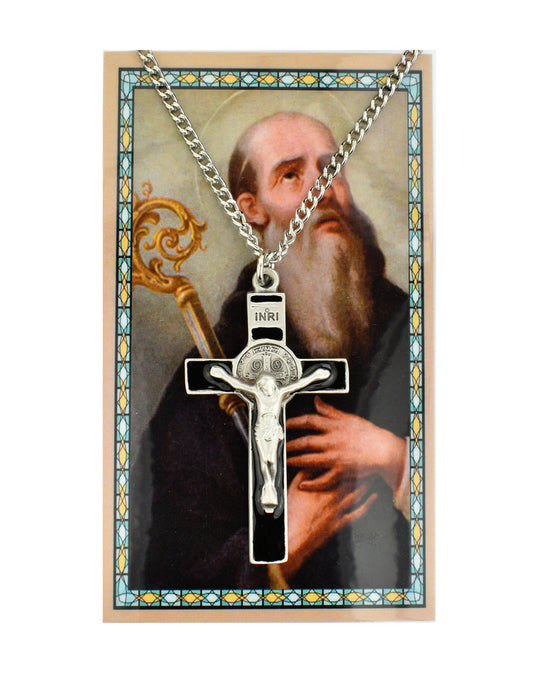 St. Benedict Pewter Crucifix Medal w/ 24" Silver Tone Chain and Laminated Holy Card