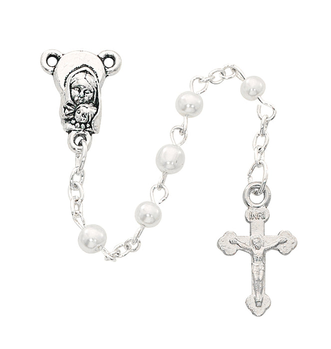 Silver Ox Crucifix and Center w/ 4mm Pearl Bead Rosary