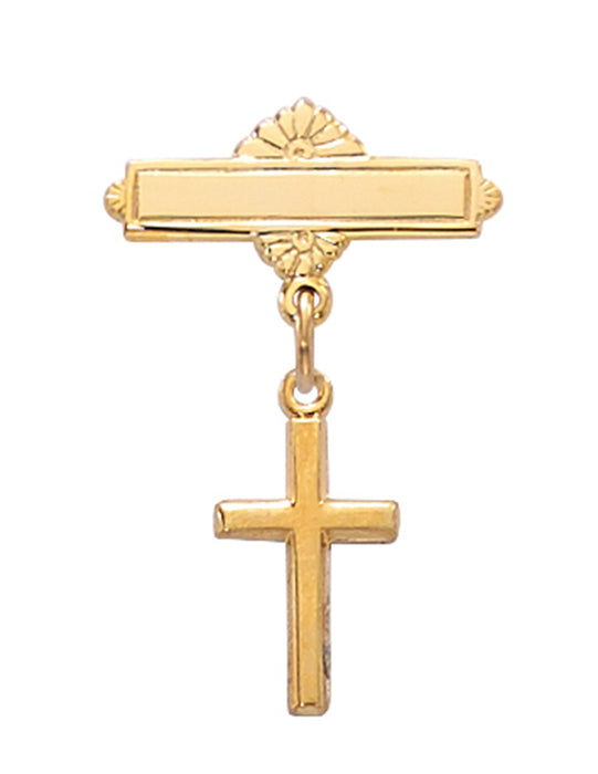 Gold Over Sterling Silver Cross Baby Pin w/ Burgundy Flip Gift Box