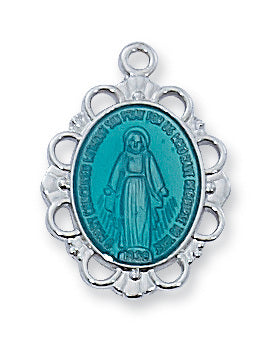 Miraculous Medal Sterling Silver Blue Enamel with 18" Rhodium Plated Chain