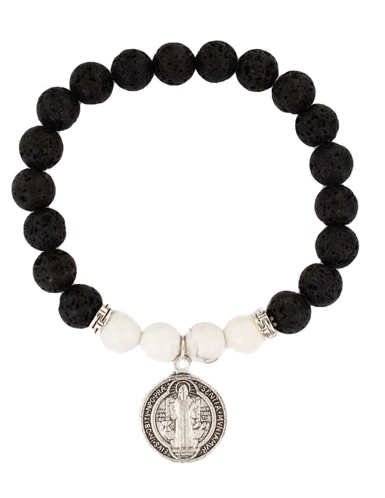 St. Benedict Black Lava and Howlite Stretch Bracelet