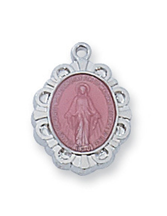 Baby Miraculous Medal Pink Enamel Sterling Silver w/ 13" Rhodium Plated Chain