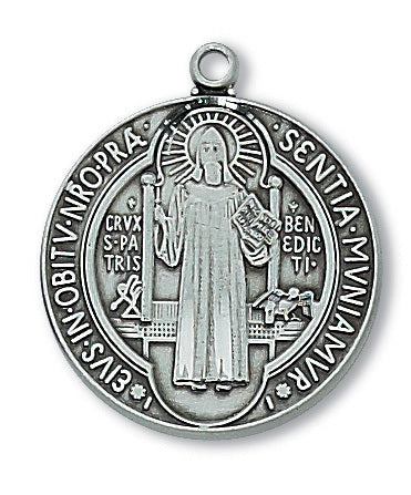 St. Benedict Antique Plated Pewter Medal w/ 24" Rhodium Plated Chain