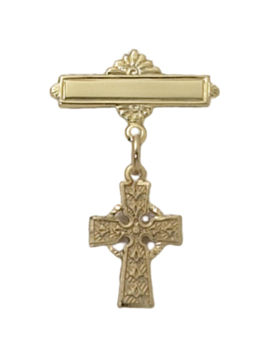 Gold Over Sterling Silver Cross Baby Pin with Burgundy Flip Gift Box