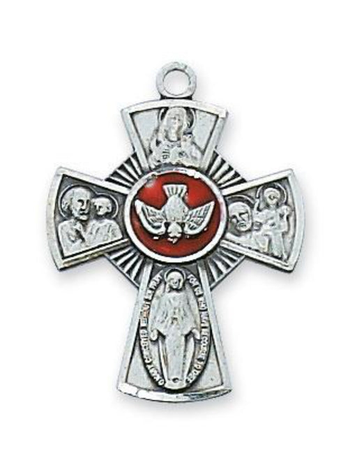 Four Way Medal Sterling Silver with Red Enamel and 18 inch Rhodium Plated Brass Chain