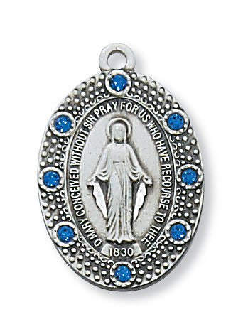 Miraculous Medal Sterling Silver with Blue Glass Stones in 18" Rhodium Plated Chain