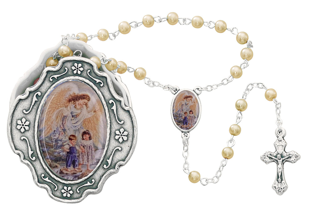 Guardian Angel Baby Medal with Pearl Rosary