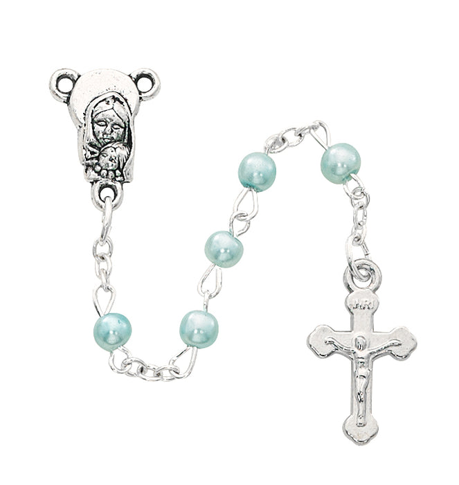 Silver Ox Crucifix and Center w/ 4mm Blue Pearl Bead Rosary