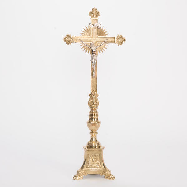 Traditional Solid Brass Sacred Heart Crucifix and 12" Candlesticks Altar Set