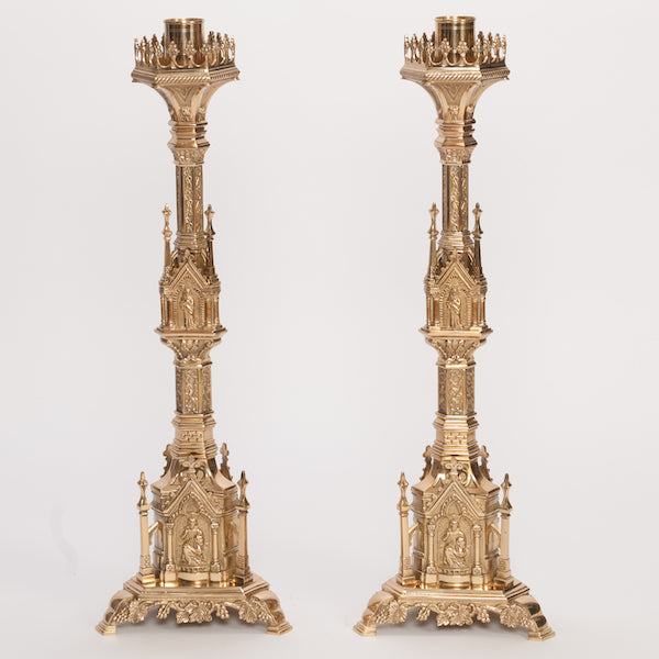 Traditional French Gothic Style 33.5" Crucifix and 31" Candlesticks Altar Set