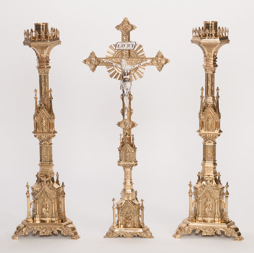 Traditional French Gothic Style 33.5" Crucifix and 31" Candlesticks Altar Set