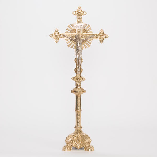 Baroque Style Solid Brass Crucifix and Candlesticks Altar Set