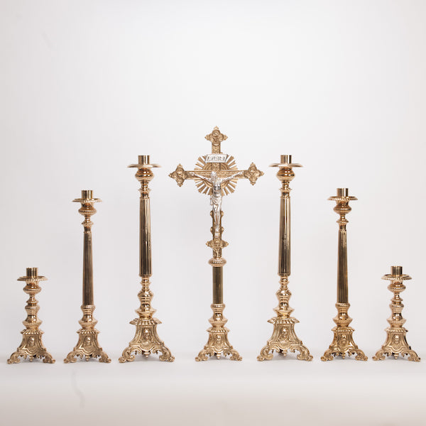 Traditional Holy Family Brass Crucifix and Candlesticks Altar Set