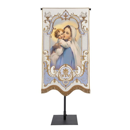 58" H Madonna and Child Vintage Banner with Gold Embroidered Accents and Fringes Marian Devotion Mary Collection