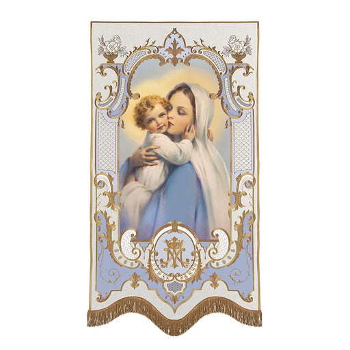 58" H Madonna and Child Vintage Banner with Gold Embroidered Accents and Fringes Marian Devotion Mary Collection