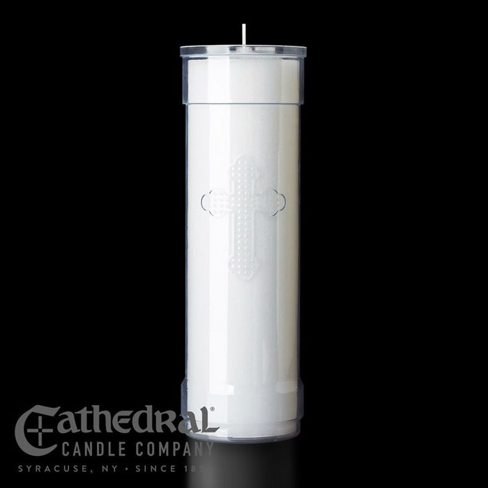 Velas de Vigilia Inserta-Lite® de 7 Días con Cruz - Envase de Plástico - 3 Variantes de Colores - (24 Piezas)