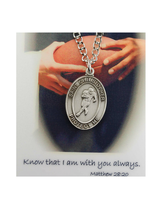 St. Christopher Boys Soccer Necklace made from pewter and an 24" silver tone chain with a laminated prayer card perfect gift to boys who loves sports to your brother family and friends for birthdays or any occasion