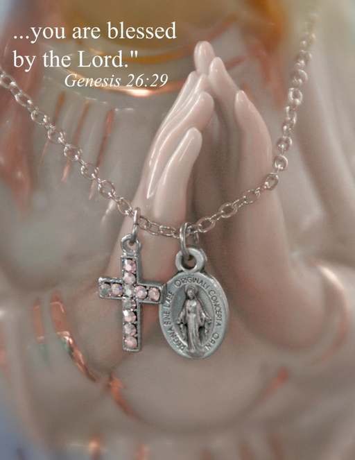 Blessed Virgin Mary Medal & Swarovski Cross Necklace