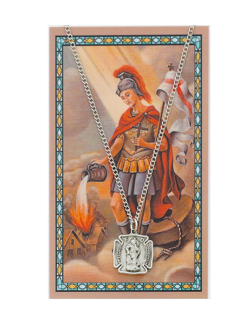 St. Florian Medal Necklace made from pewter with n 18" Silver tone chain and a Prayer Card a perfect gift or token to firefighter for your brother father family or friends on any occasion