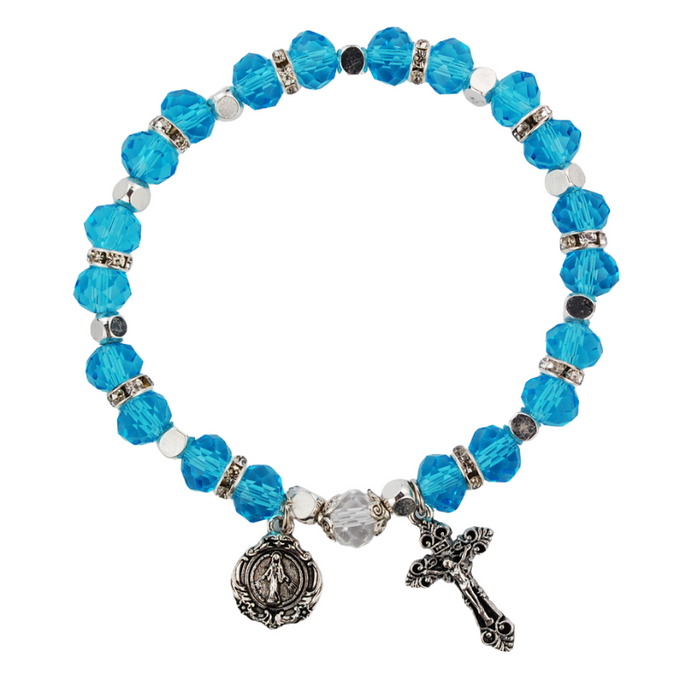 Pulsera Rosario Medalla Milagrosa con Cuentas de Cristal Aqua