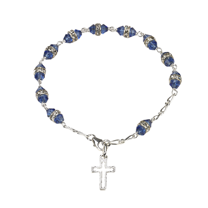 Sterling Silver Rosary Bracelet with 6mm Blue Swarovski Austrian Crystal 