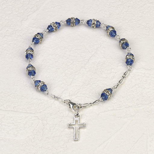 Sterling Silver Rosary Bracelet with 6mm Blue Swarovski Austrian Crystal 