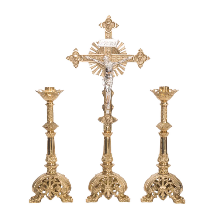 Baroque Style Solid Brass 30" Crucifix and 17" Candlesticks Altar Set