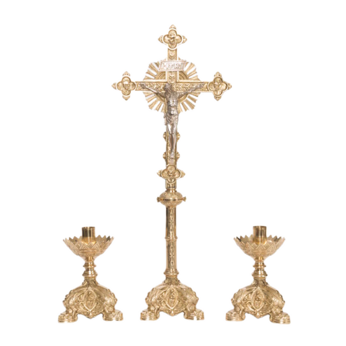 Baroque Style Solid Brass Crucifix and Candlesticks Altar Set