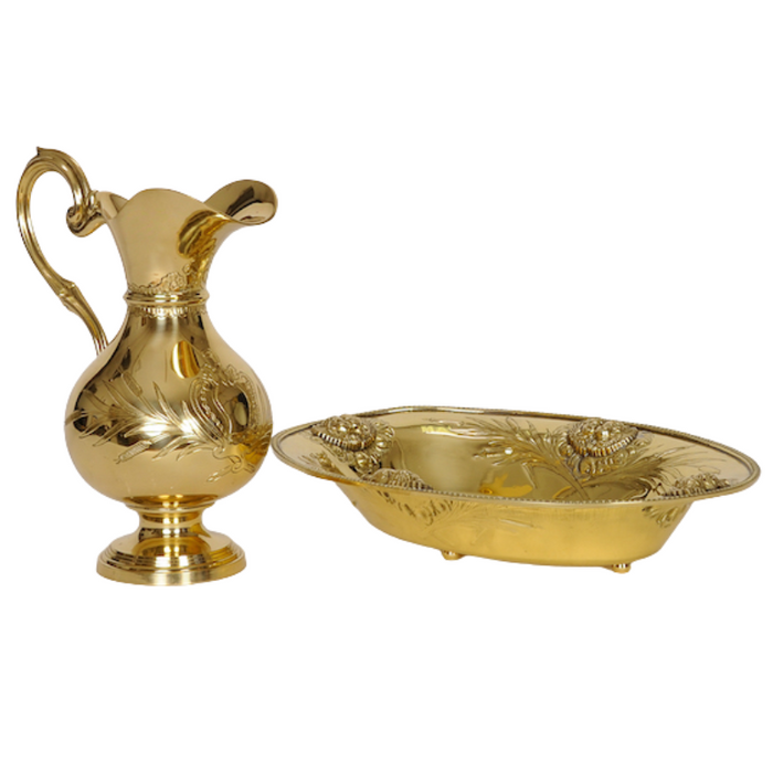 Bishop Ewer and Basin Set Lavabo Set, Bishop Ewer and Basin Set. Solid Brass, Angel / Cherub medallions on basin.