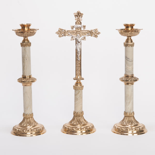 Traditional Marble Stem Crucifix and Candlesticks Altar Set