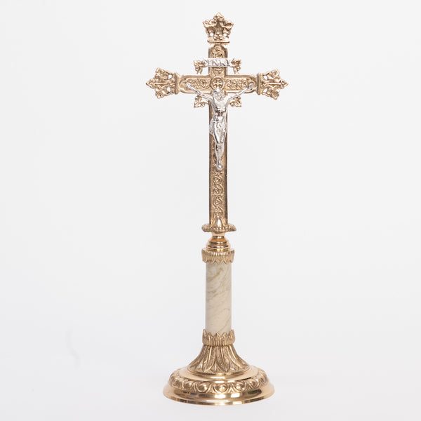 Brass Altar Crucifix with Marble Stem 14 1/2" Brass Altar Cross w/ Marble Stem with Silver Plated Corpus and INRI.