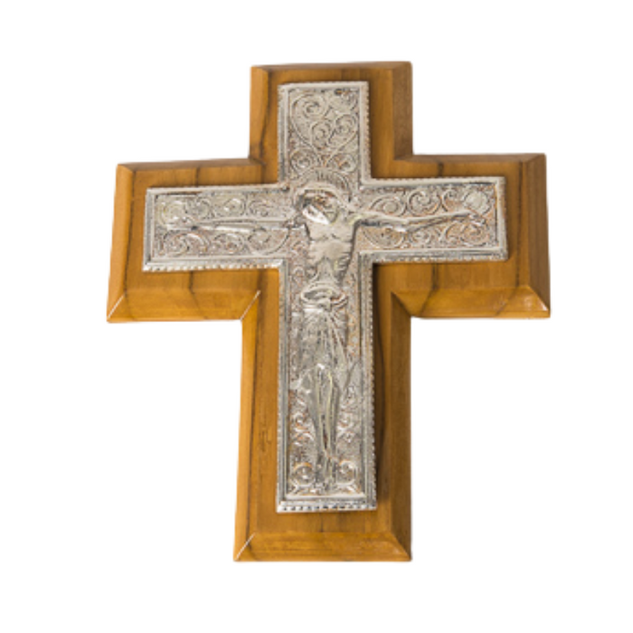 Byzantine Wall Crucifix on Hand Carved Wood Silver Plated or Brass Byzantine Crucifix on Wood Backing