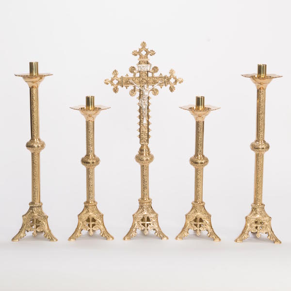 Classic Solid Brass Crucifix and Candlesticks Altar Set