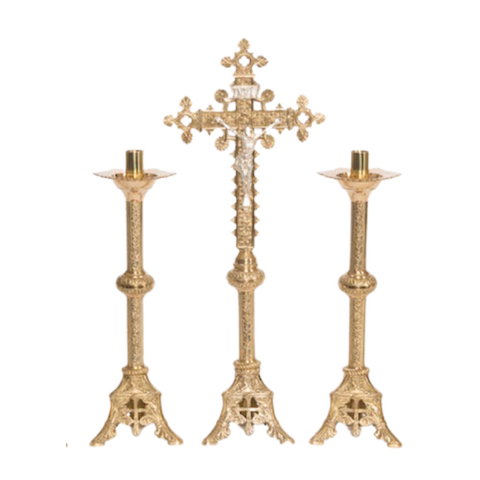 Classic Solid Brass Crucifix and Candlesticks Altar Set