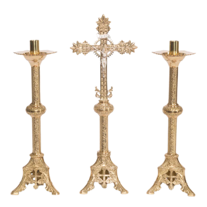 Classic Solid Brass Crucifix and Candlesticks Altar Set