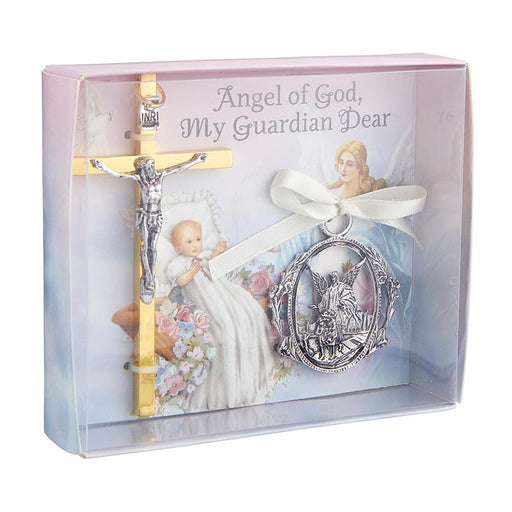 Crucifix with Guardian Angel Crib Medal Set - 4 Pieces Per Package