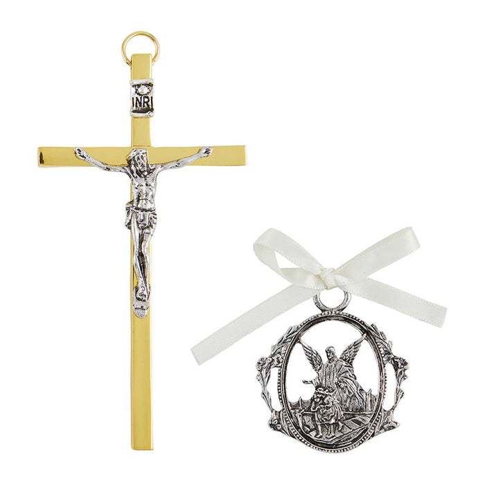 Crucifix with Guardian Angel Crib Medal Set - 4 Pieces Per Package