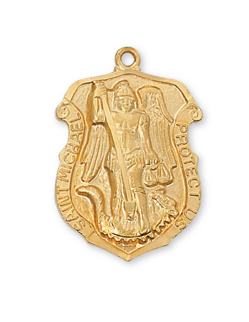 Engravable Gold over Sterling Silver St. Michael Badge Medal w/ 18" Gold Plated Chain Engravable Gold over Sterling Silver St. Michael Badge Medal necklace Engravable Gold over Sterling Silver St. Michael Badge Medal 