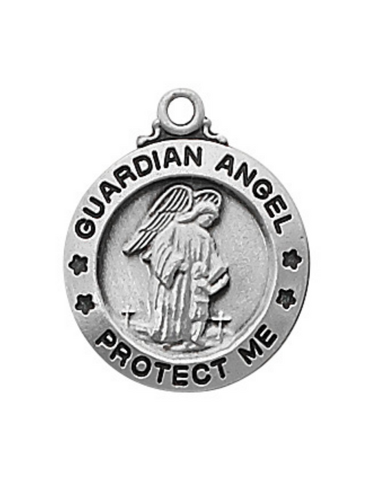 Sterling Silver Guardian Angel Medal w/ 18" Rhodium Chain