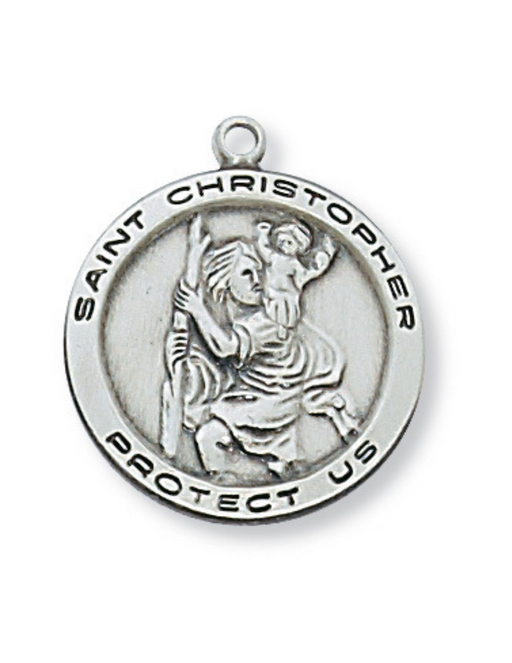 St. Christopher Patron Saint Sterling Silver Medal with 18" Rhodium Plated Chain St. Christopher Patron Saint Sterling Silver Necklace Holy Medals Holy Medal Necklace Medals for Protection Necklace for Protection