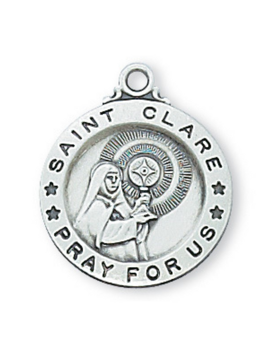 Engravable Sterling Silver St. Clare Medal w/ 18" Rhodium Chain