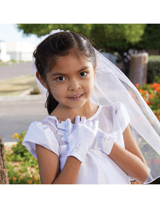 White Satin First Communion Gloves with Rhinestone Cross