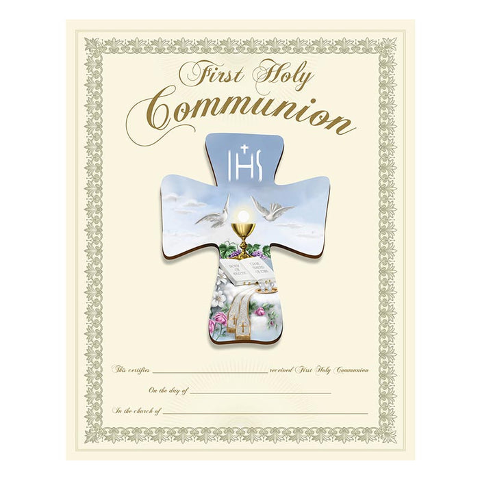 First Communion Certificate with Laser-Cut Wood Cross