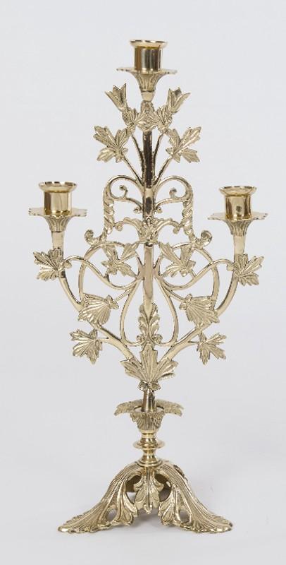 French Design Three-Light Church Altar Candelabra Polished Brass and Lacquered 3 Light Candelabra